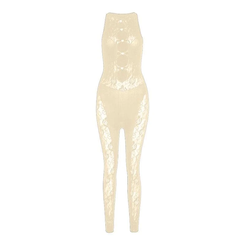 Lace fishnet button crewneck sleeveless jumpsuit-final-sale