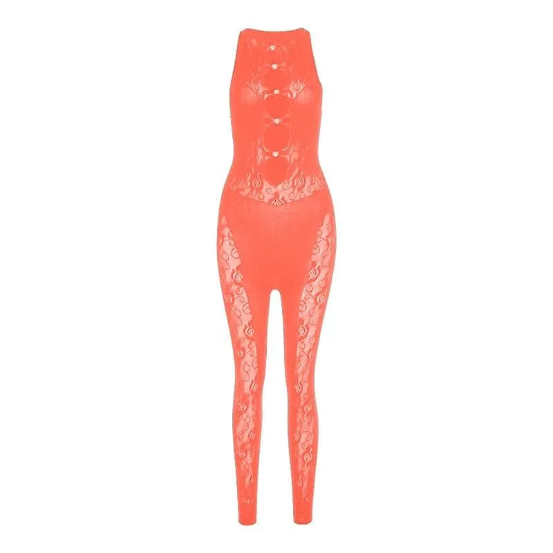 Lace fishnet button crewneck sleeveless jumpsuit-final-sale