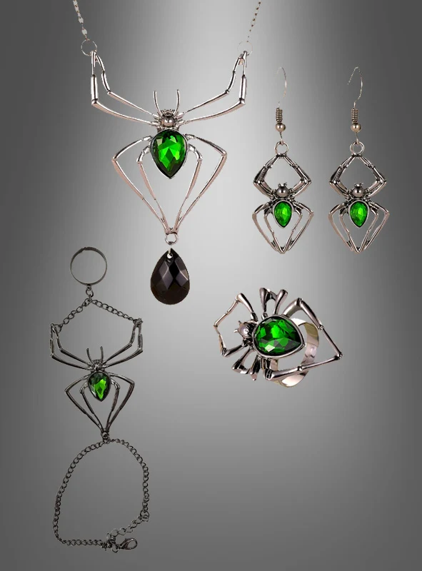 Spinnen Schmuck Set mit grünem Edelstein