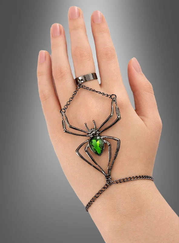 Spinnen Schmuck Set mit grünem Edelstein
