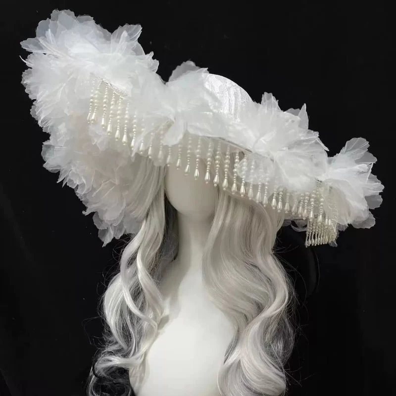 Gothic-Hut aus Organza mit Blumenmuster und breiter Krempe für Damen
