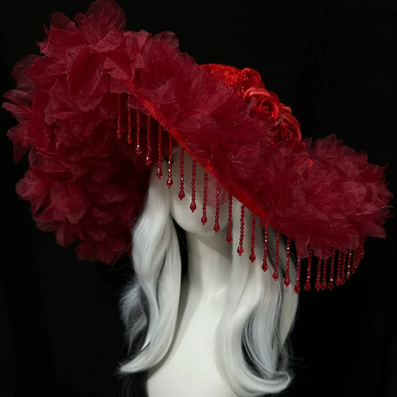 Gothic-Hut aus Organza mit Blumenmuster und breiter Krempe für Damen