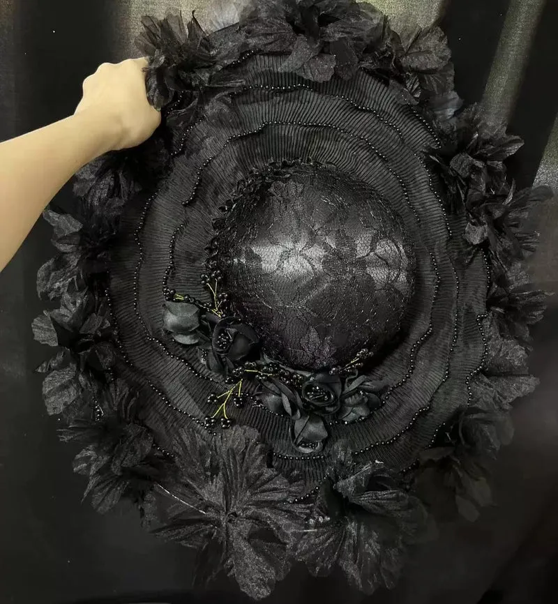 Gothic-Hut aus Organza mit Blumenmuster und breiter Krempe für Damen