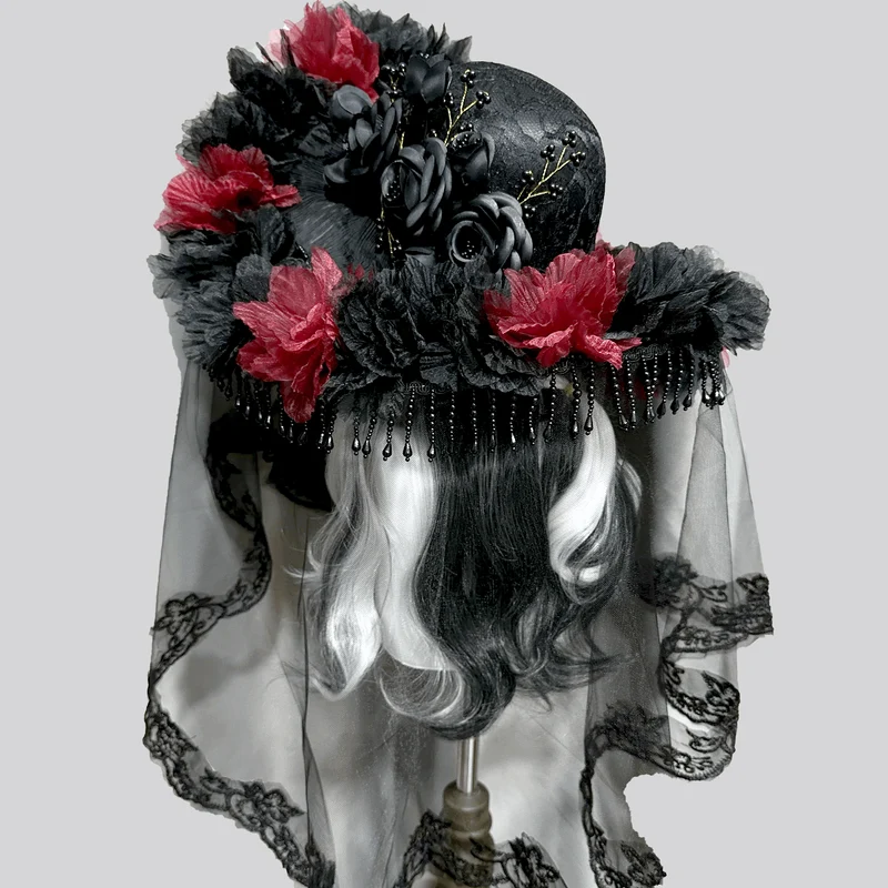 Gothic-Hut aus Organza mit Blumenmuster, Quasten und breiter Krempe mit Schleier für Damen