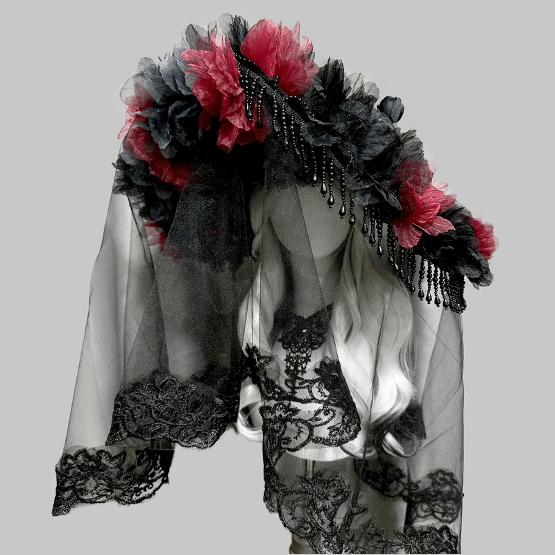 Gothic-Hut aus Organza mit Blumenmuster, Quasten und breiter Krempe mit Schleier für Damen