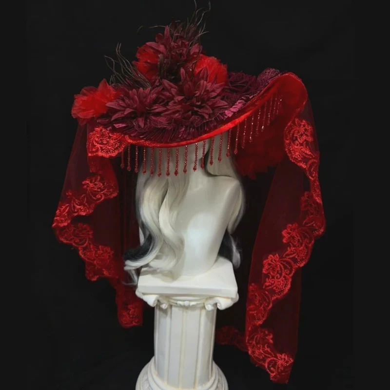 Gothic-Hut für Damen mit Blumenmuster, Perlen, Quasten, breiter Krempe und Schleier