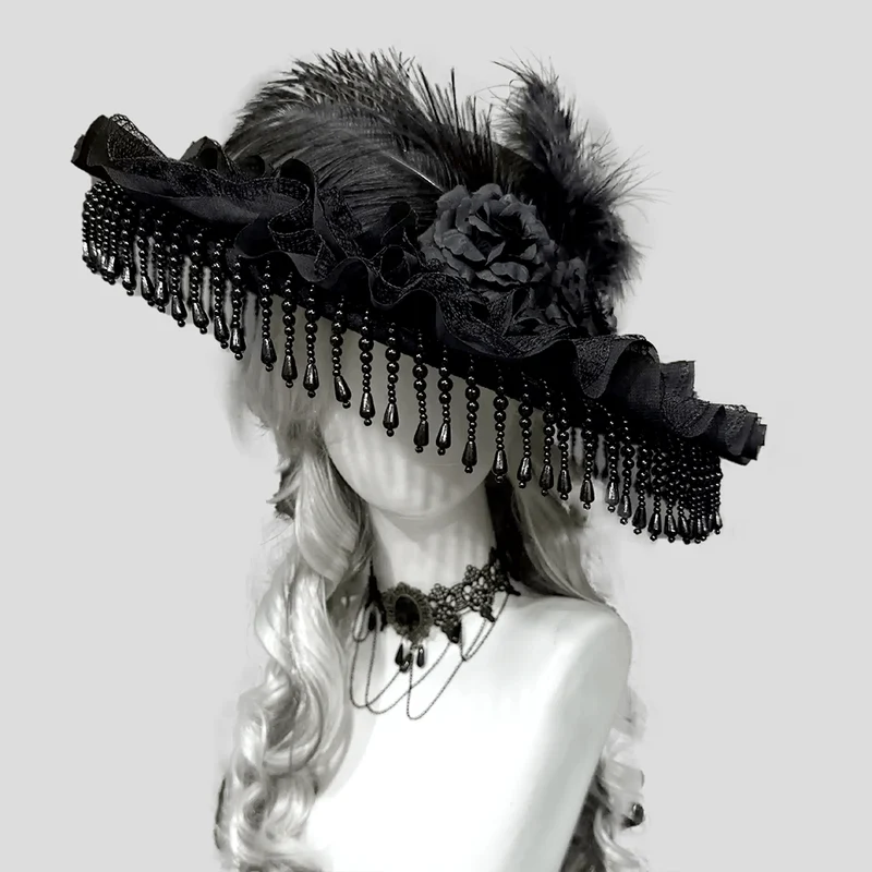 Gothic-Hut für Damen mit Blumenmuster und Federn, breiter Krempe