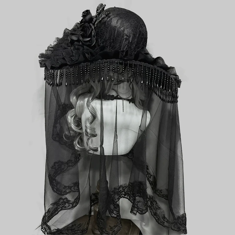 Gothic-Hut für Damen mit Blumenmuster, breiter Krempe und Schleier