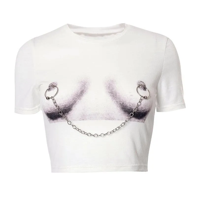 Body print metal chain contrast short sleeve crop top-final-sale