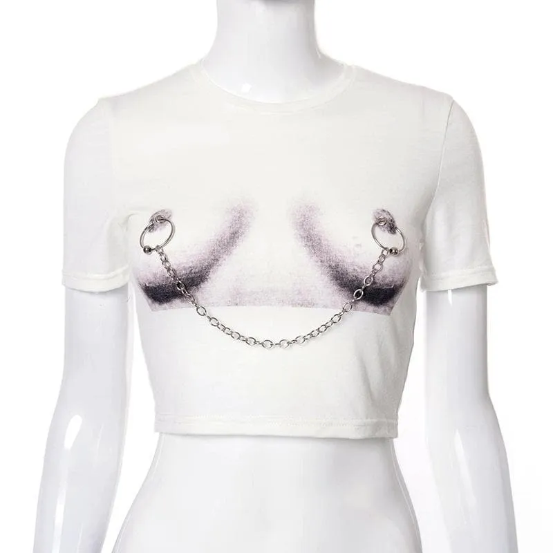 Body print metal chain contrast short sleeve crop top-final-sale