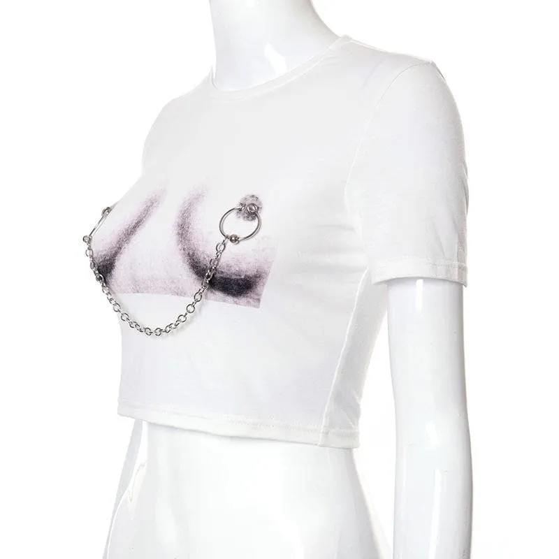 Body print metal chain contrast short sleeve crop top-final-sale