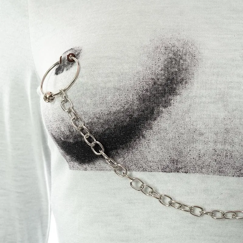 Body print metal chain contrast short sleeve crop top-final-sale
