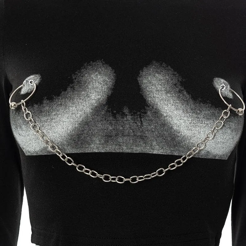 Body print metal chain contrast short sleeve crop top-final-sale