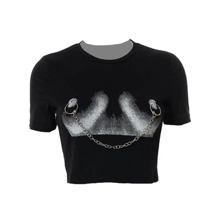 Body print metal chain contrast short sleeve crop top-final-sale