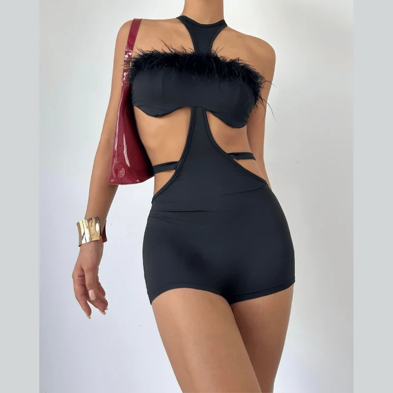 Cut out self tie fluffy romper-final-sale