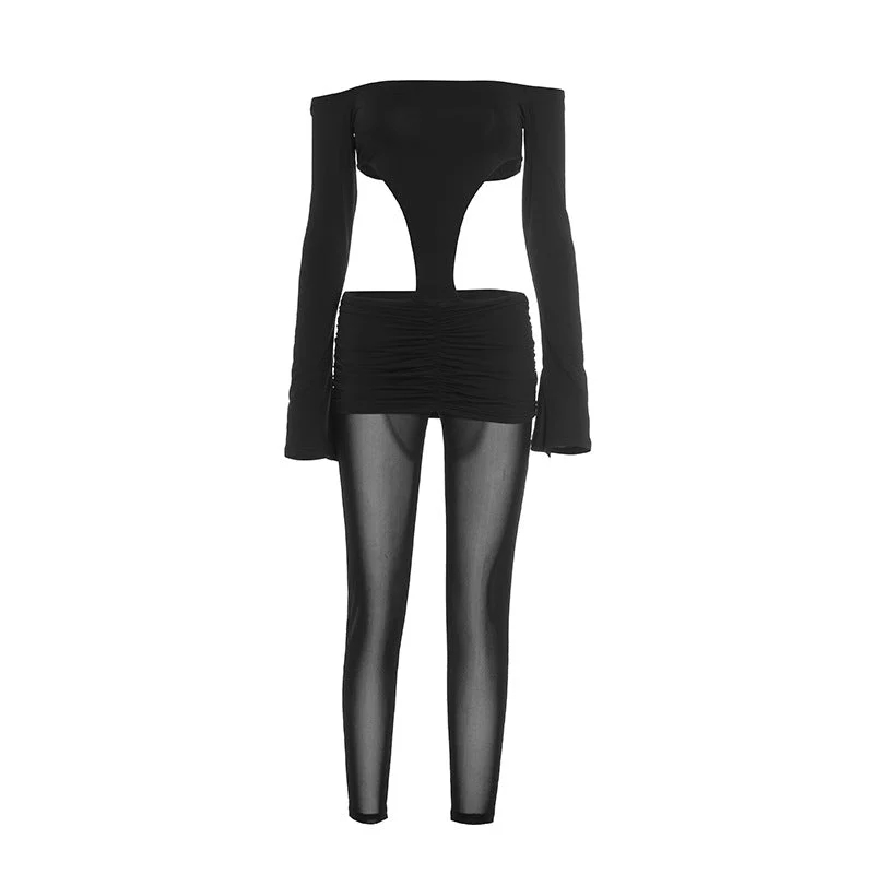 Mesh cut out ruched off shoulder jumpsuit-final-sale