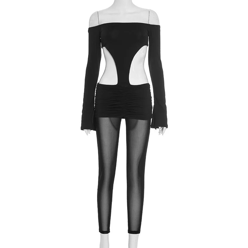 Mesh cut out ruched off shoulder jumpsuit-final-sale