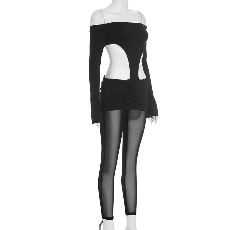 Mesh cut out ruched off shoulder jumpsuit-final-sale