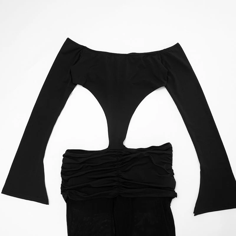 Mesh cut out ruched off shoulder jumpsuit-final-sale