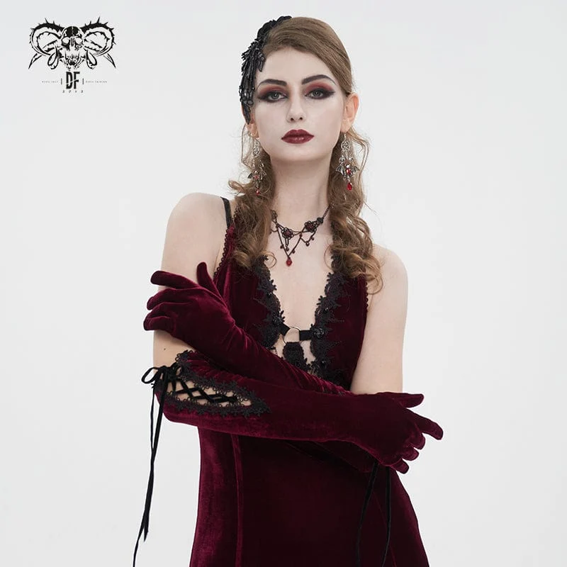 Damen-Gothic-Schnürhandschuhe aus Samt mit Spitzensaum in Rot