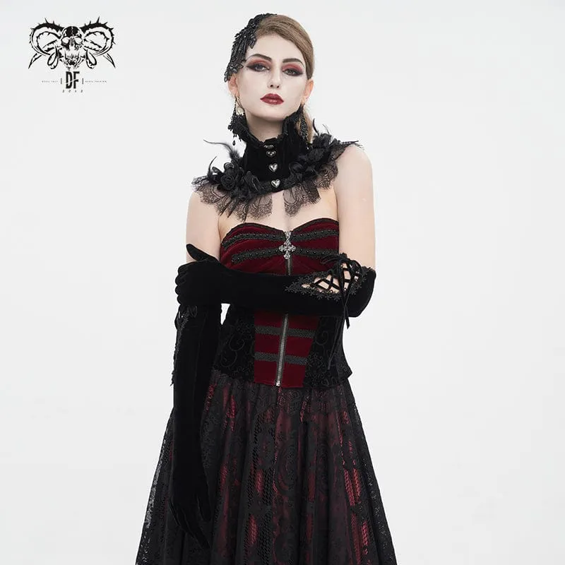 Damen-Gothic-Schnürhandschuhe aus Samt mit Spitzensaum in Schwarz