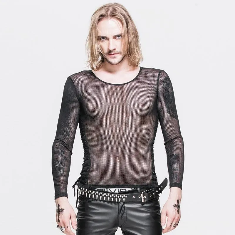 Herren Full Mesh String und Grommet Side Schnürung Punk T Shirt