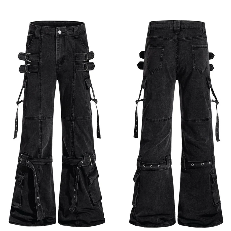 Grunge-Schlaghose für Damen mit Schnallenriemen, mehreren Taschen
