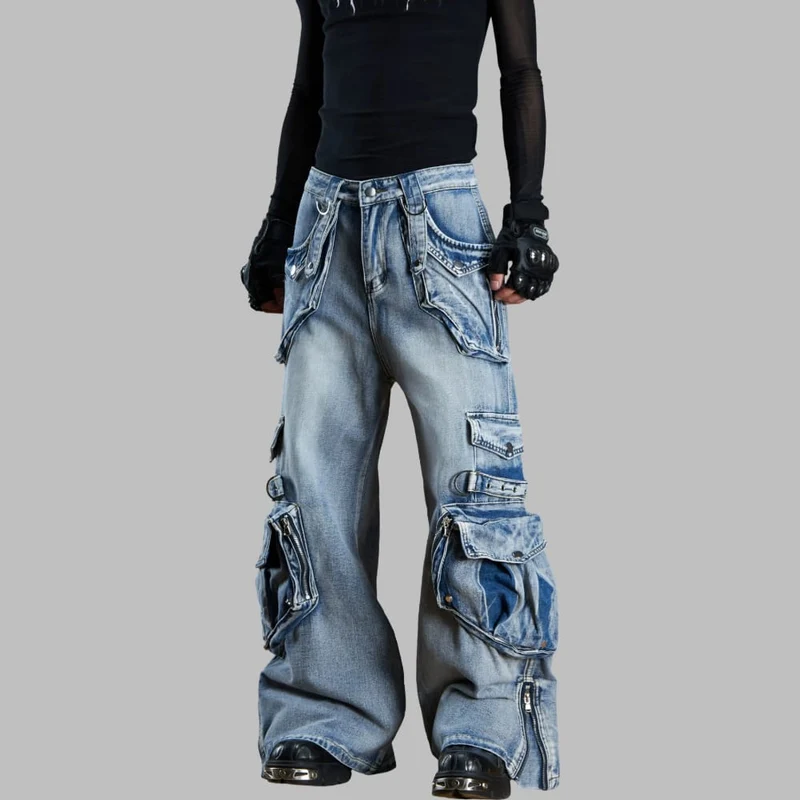 Damen-Hose mit weitem Bein, Grunge-Grafikprint und abnehmbarem Taillengürtel