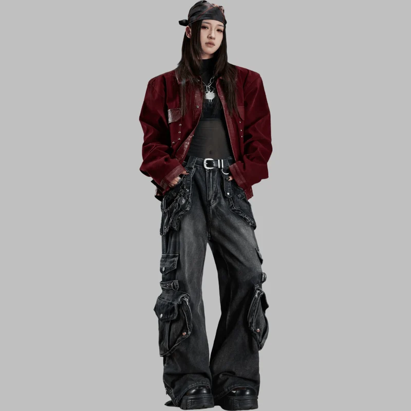 Damen-Hose mit weitem Bein, Grunge-Grafikprint und abnehmbarem Taillengürtel