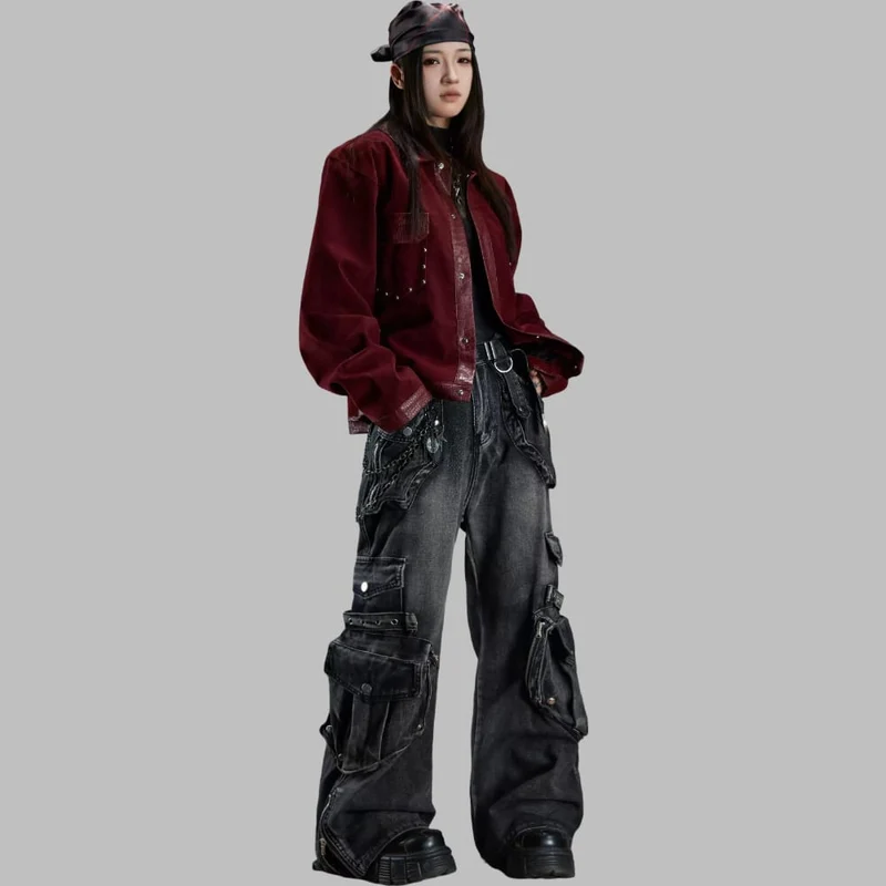 Damen-Hose mit weitem Bein, Grunge-Grafikprint und abnehmbarem Taillengürtel