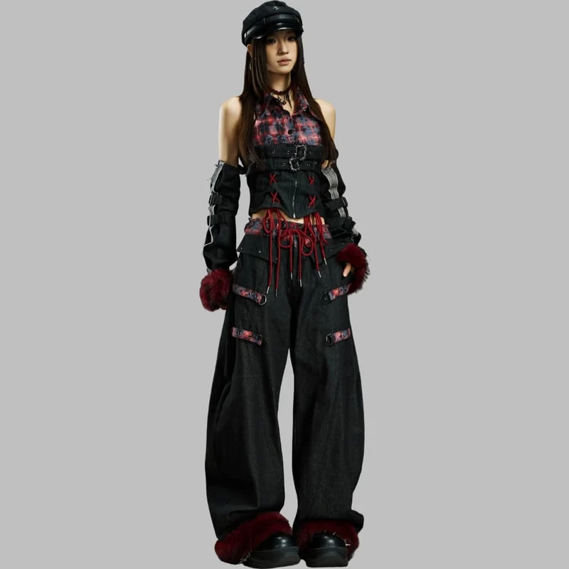Grunge-Crop-Top mit Schnallenriemen, Karomuster und Ärmeln für Damen