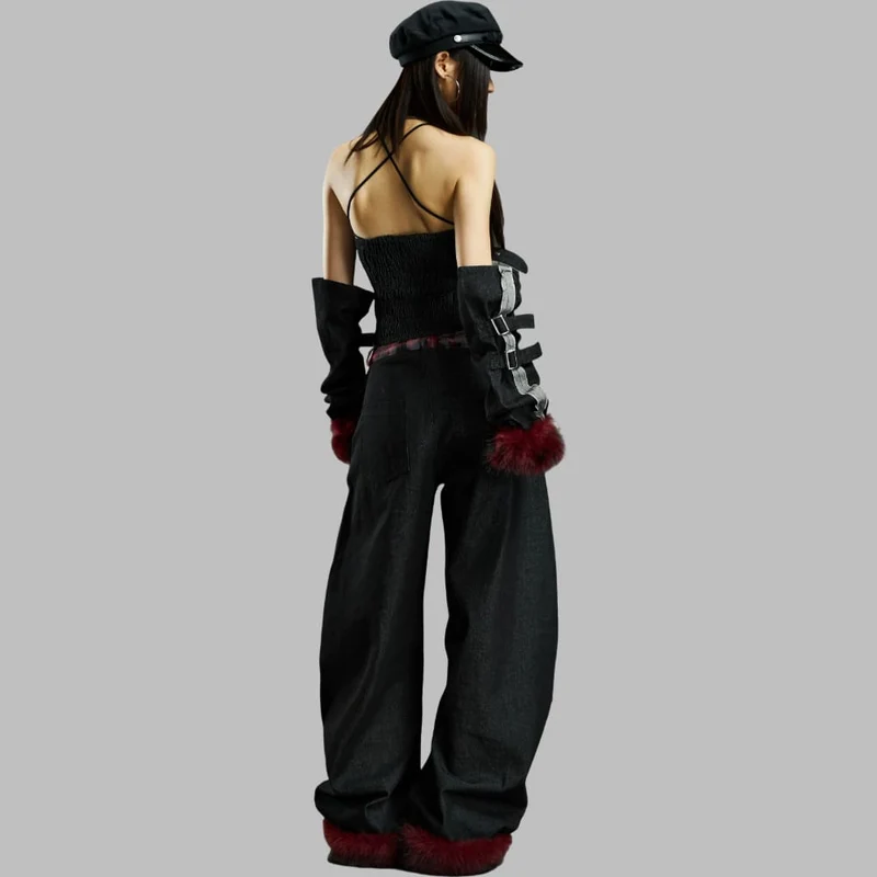 Grunge-Crop-Top mit Schnallenriemen, Karomuster und Ärmeln für Damen