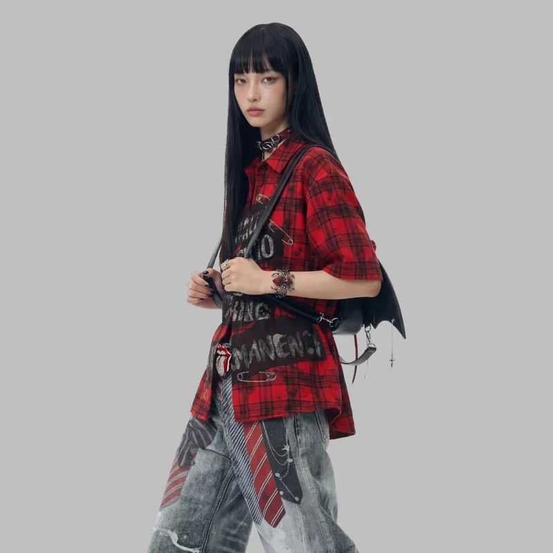 Unisex Grunge Karohemd mit Umlegekragen
