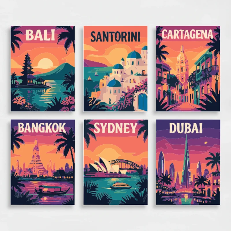 World Landmarks Sunset Skylines - Mini Paint by Numbers Set