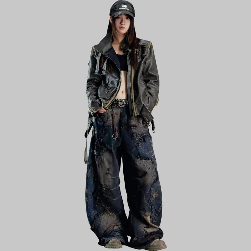 Grunge-Jeans mit Used-Look und Patchwork-Details, extra weitem Bein für Damen