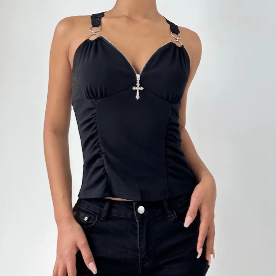 Lace ruched v neck o ring top