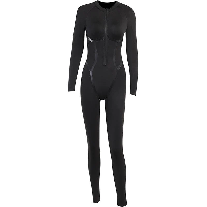 Leather zip-up high neck long sleeve jumpsuit-final-sale