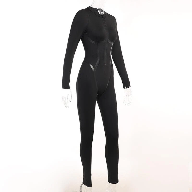 Leather zip-up high neck long sleeve jumpsuit-final-sale