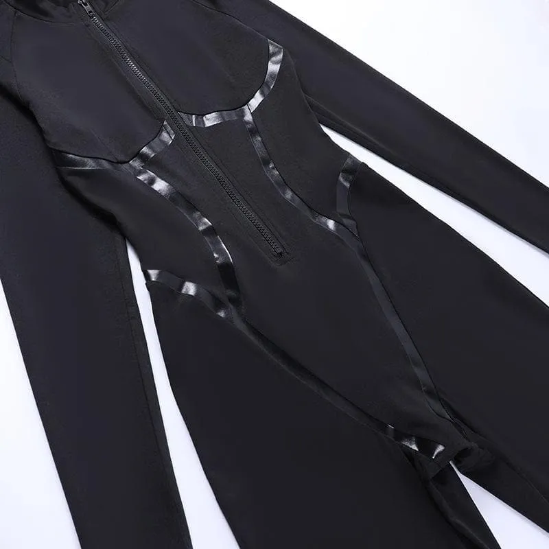 Leather zip-up high neck long sleeve jumpsuit-final-sale