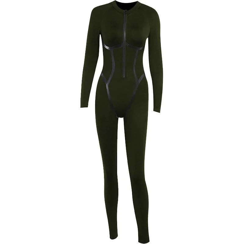 Leather zip-up high neck long sleeve jumpsuit-final-sale