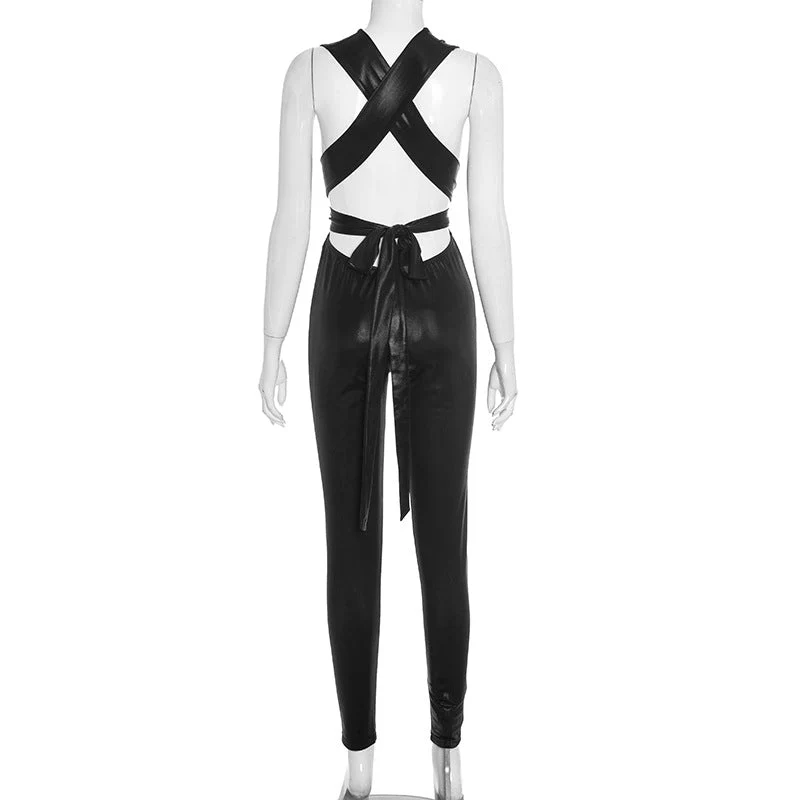 Backless cross back self tie jumpsuit-final-sale