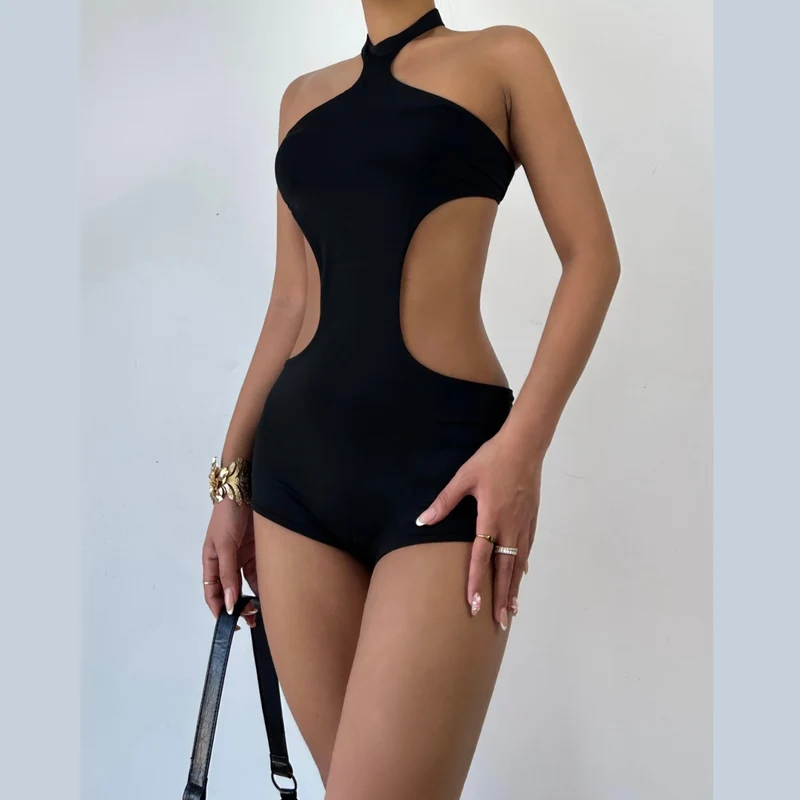 Cut out halter button backless romper