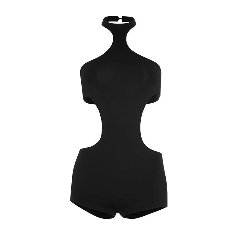 Cut out halter button backless romper
