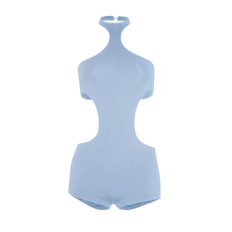 Cut out halter button backless romper