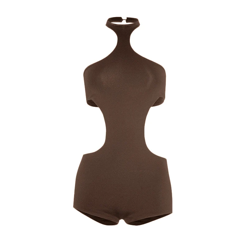 Cut out halter button backless romper