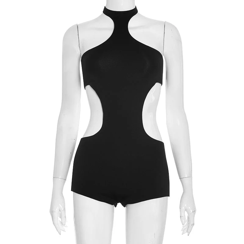 Cut out halter button backless romper