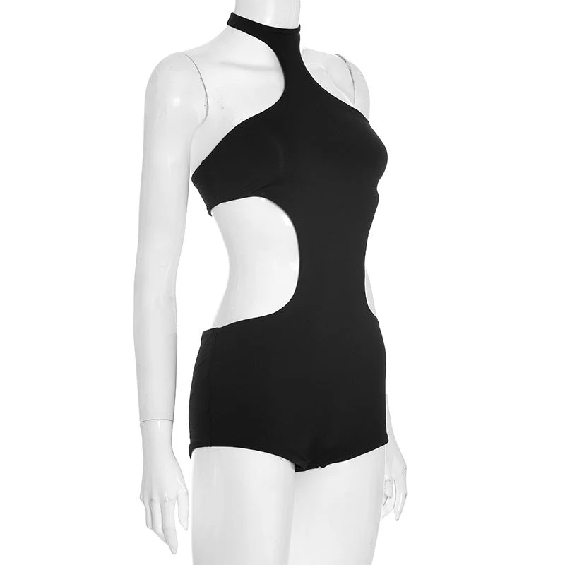 Cut out halter button backless romper
