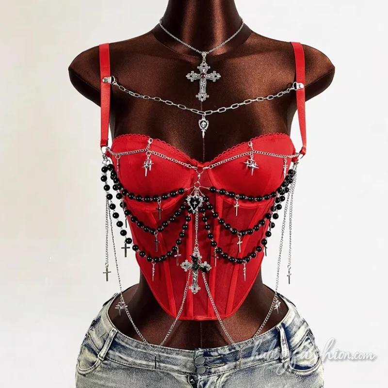 Corset metal chain beaded cami top