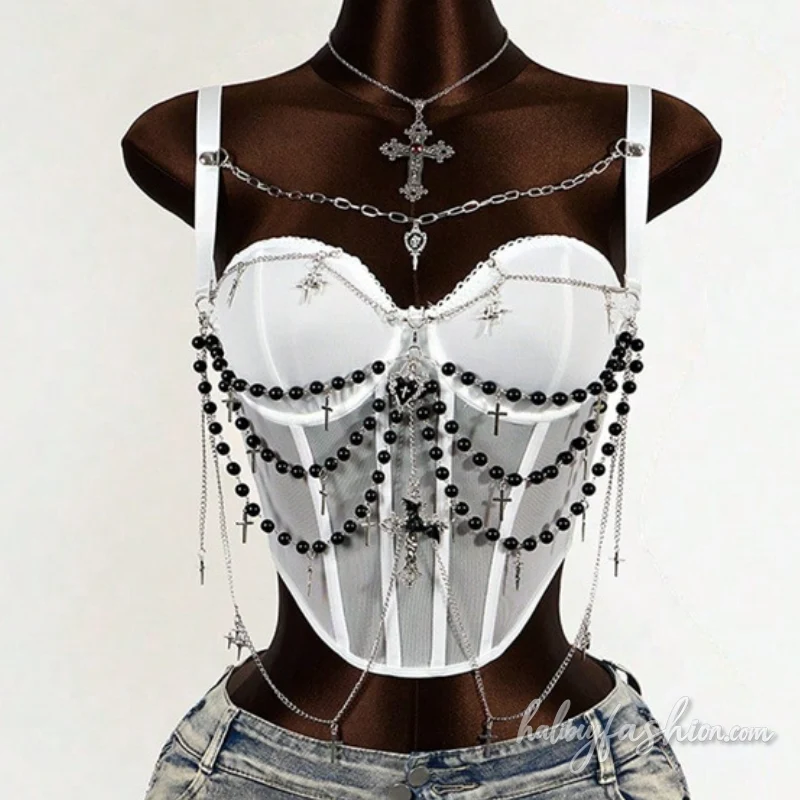 Corset metal chain beaded cami top