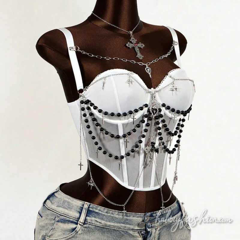 Corset metal chain beaded cami top